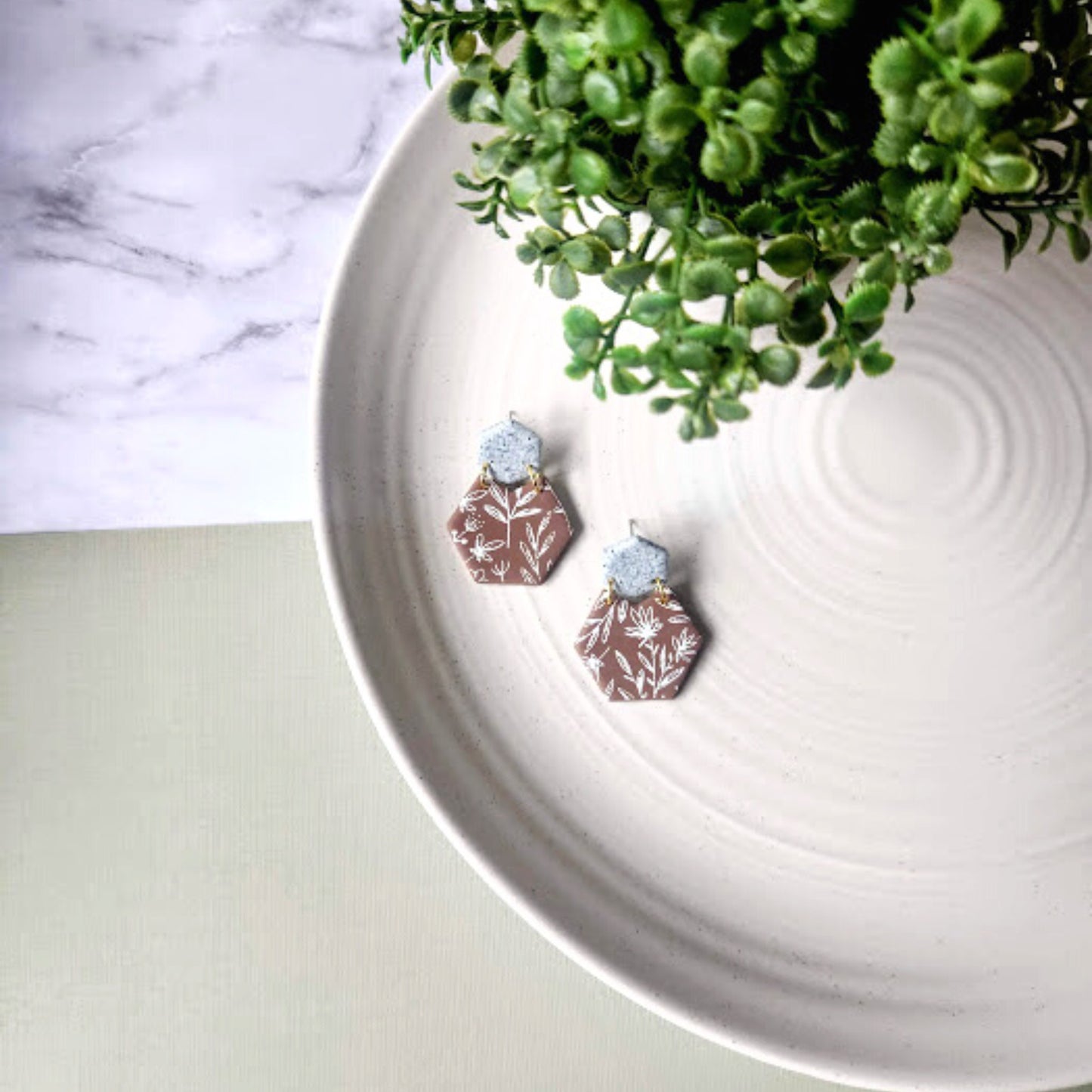 The Rose Color Block Hexagon Clay Earrings in Mauve and Gray