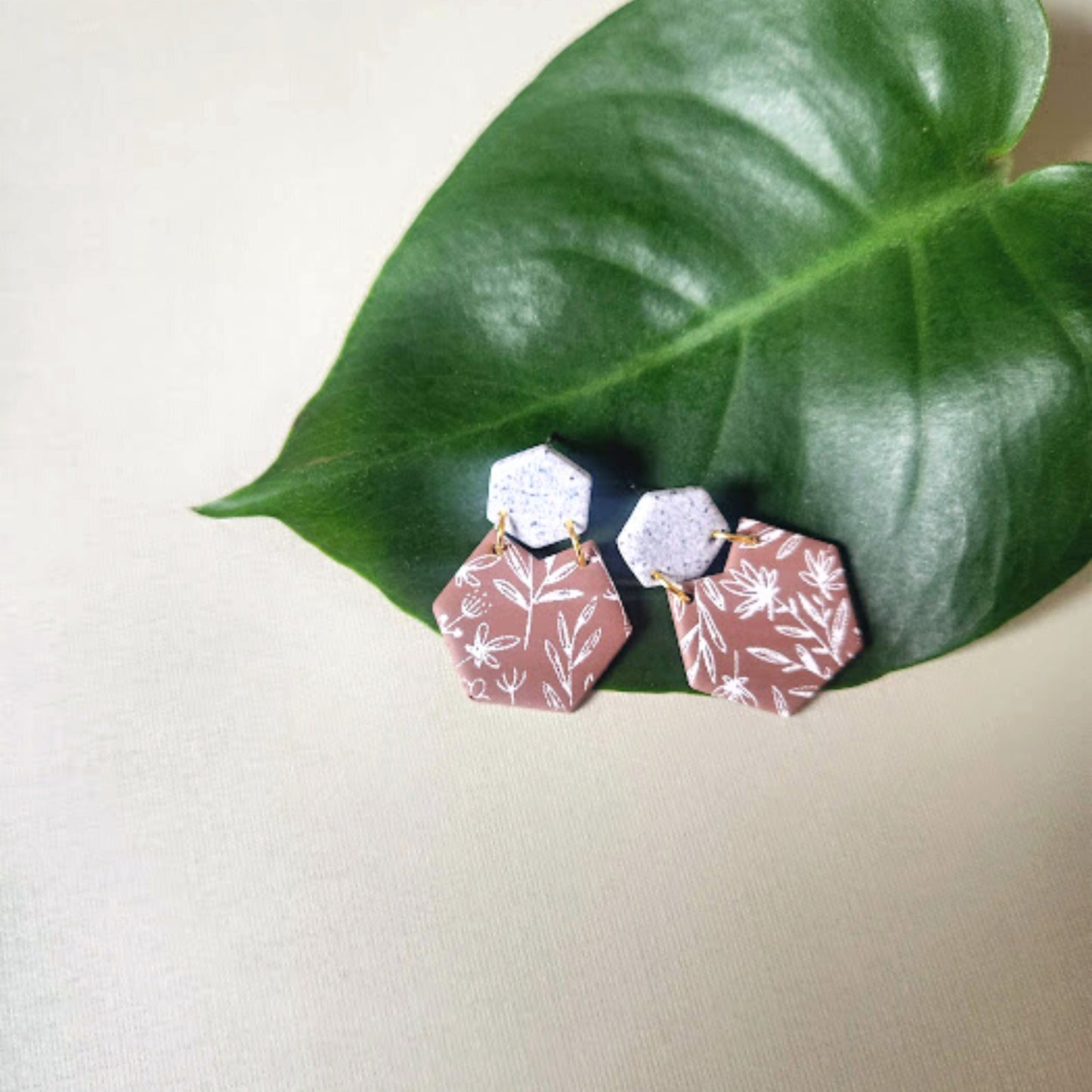 The Rose Color Block Hexagon Clay Earrings in Mauve and Gray