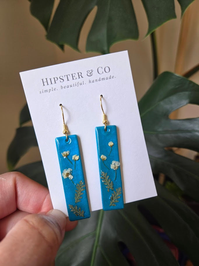 Rectangular Floral Peacock Blue Earrings