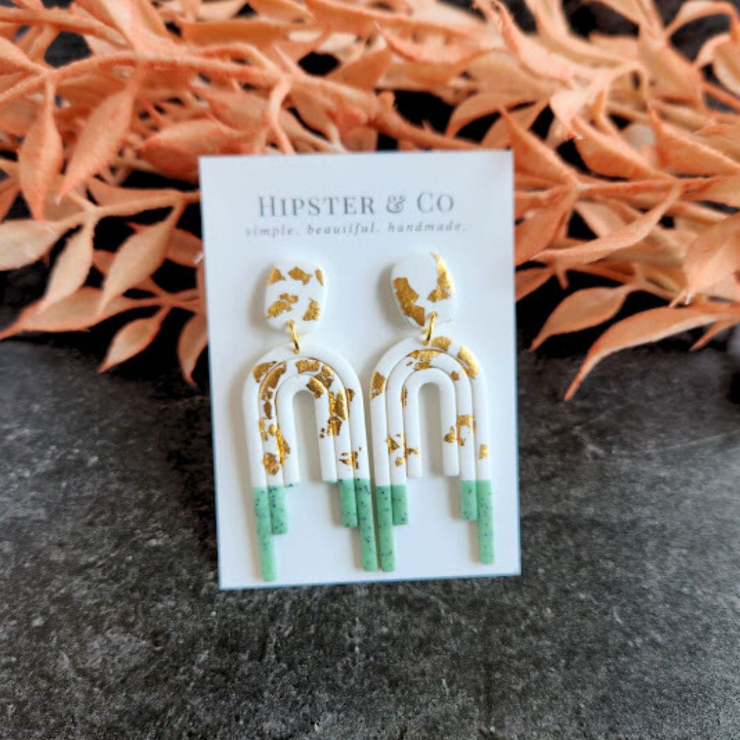 The Angelica Green, White, and Gold Polymer Clay Dangle Earrings