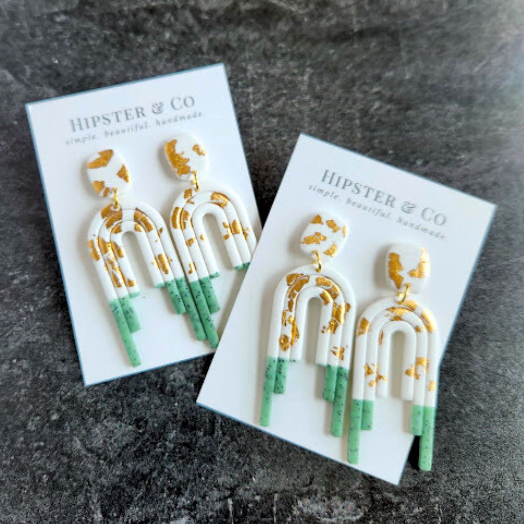 The Angelica Green, White, and Gold Polymer Clay Dangle Earrings