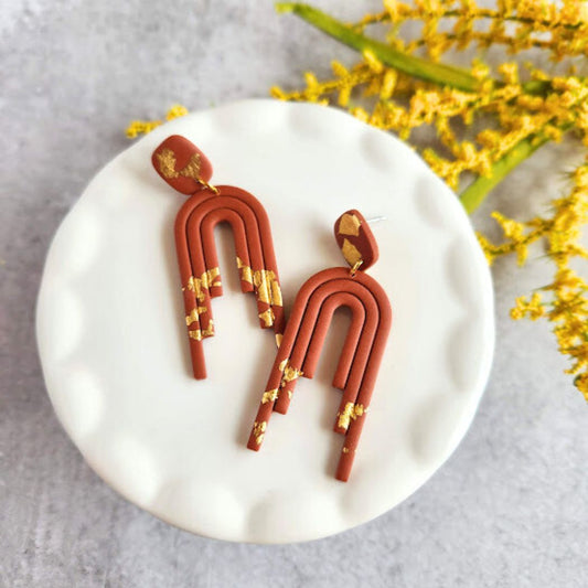 Terracotta and Gold Polymer Clay Dangle Earrings