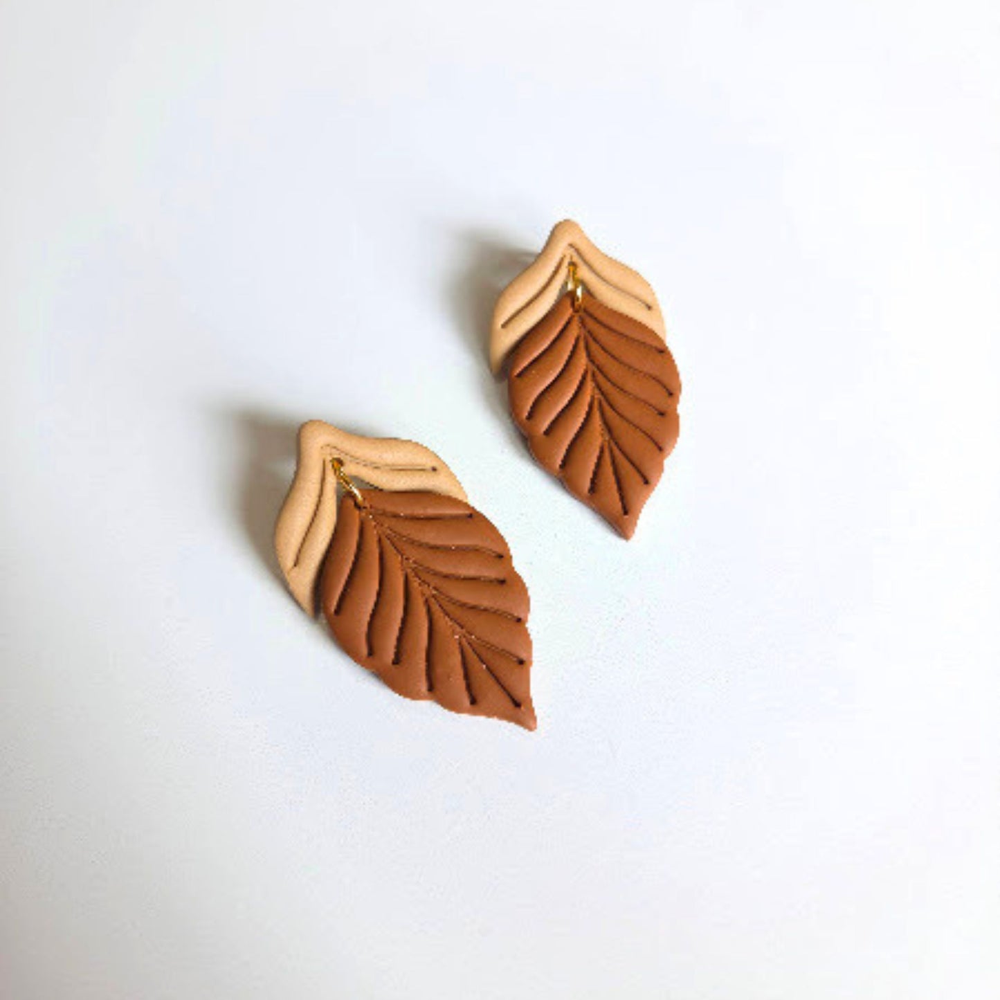 Beige and Brown Feather Polymer Clay Earrings