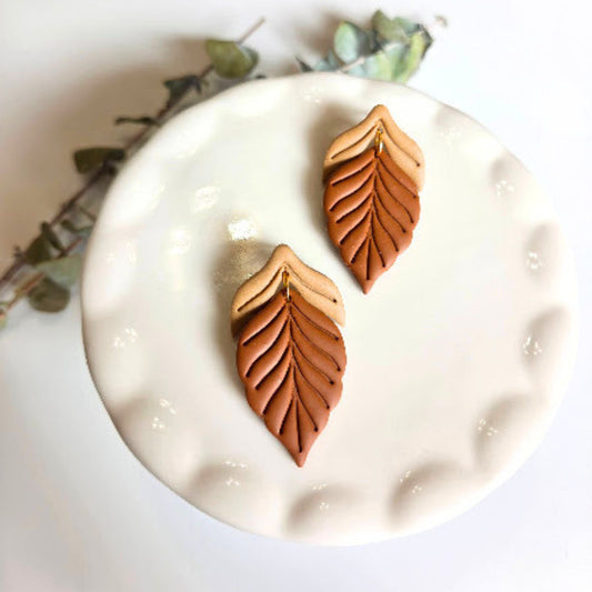 Beige and Brown Feather Polymer Clay Earrings
