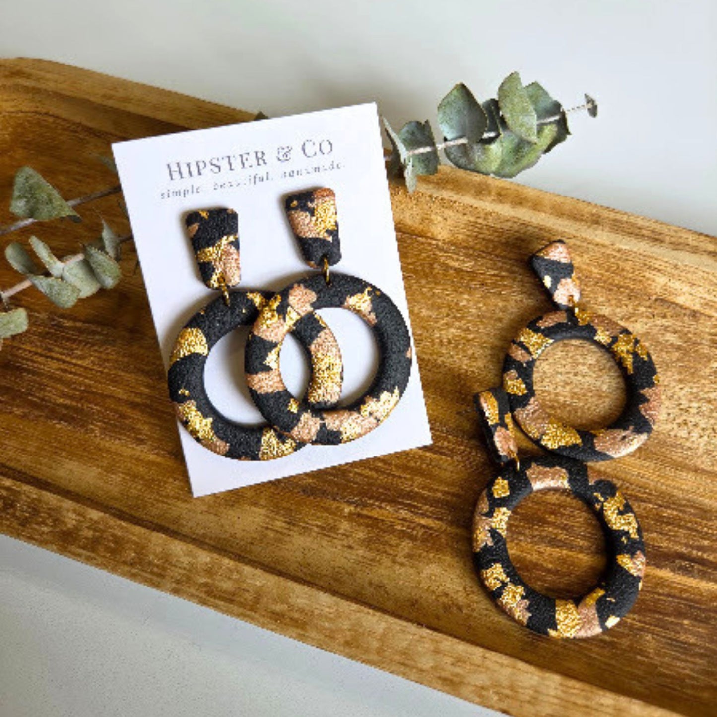 Black and Copper Geometric Polymer Clay Dangle Earrings