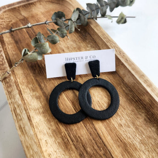 Black Geometric Clip-on Polymer Clay Dangle Earrings