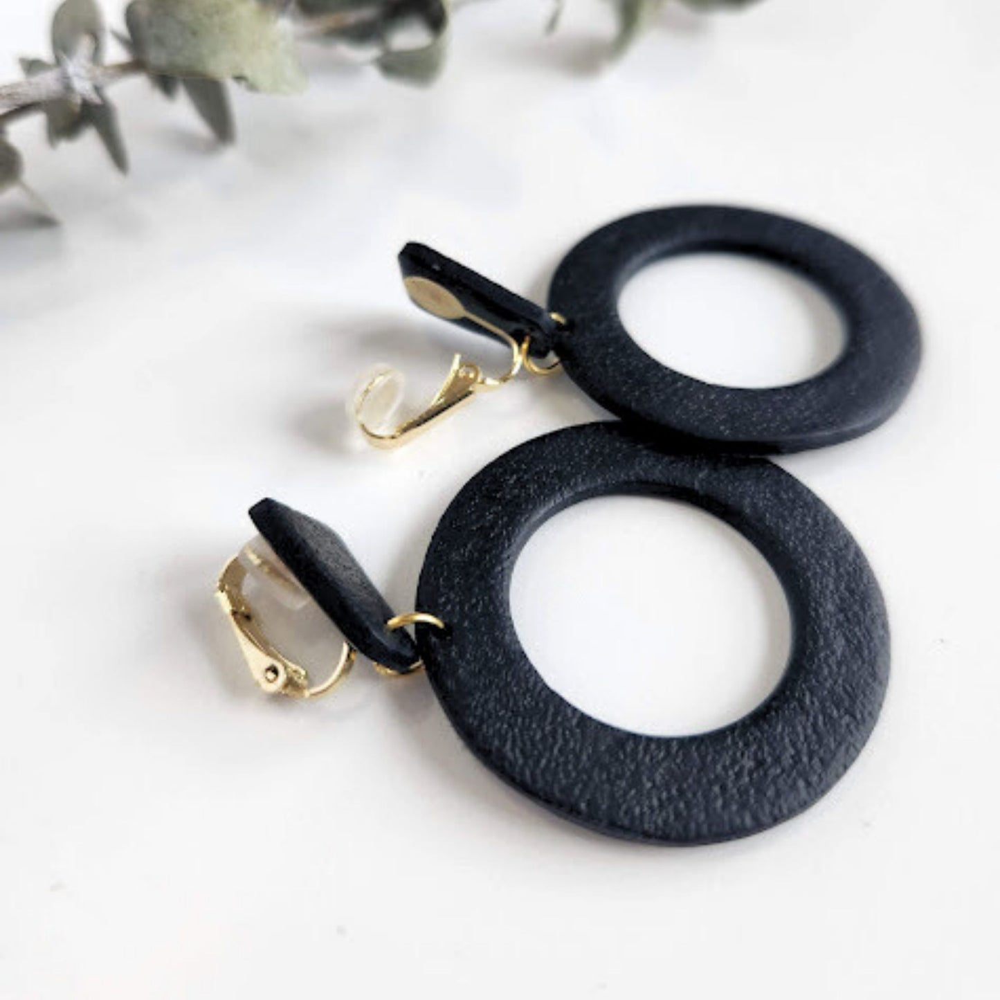 Black Geometric Clip-on Polymer Clay Dangle Earrings