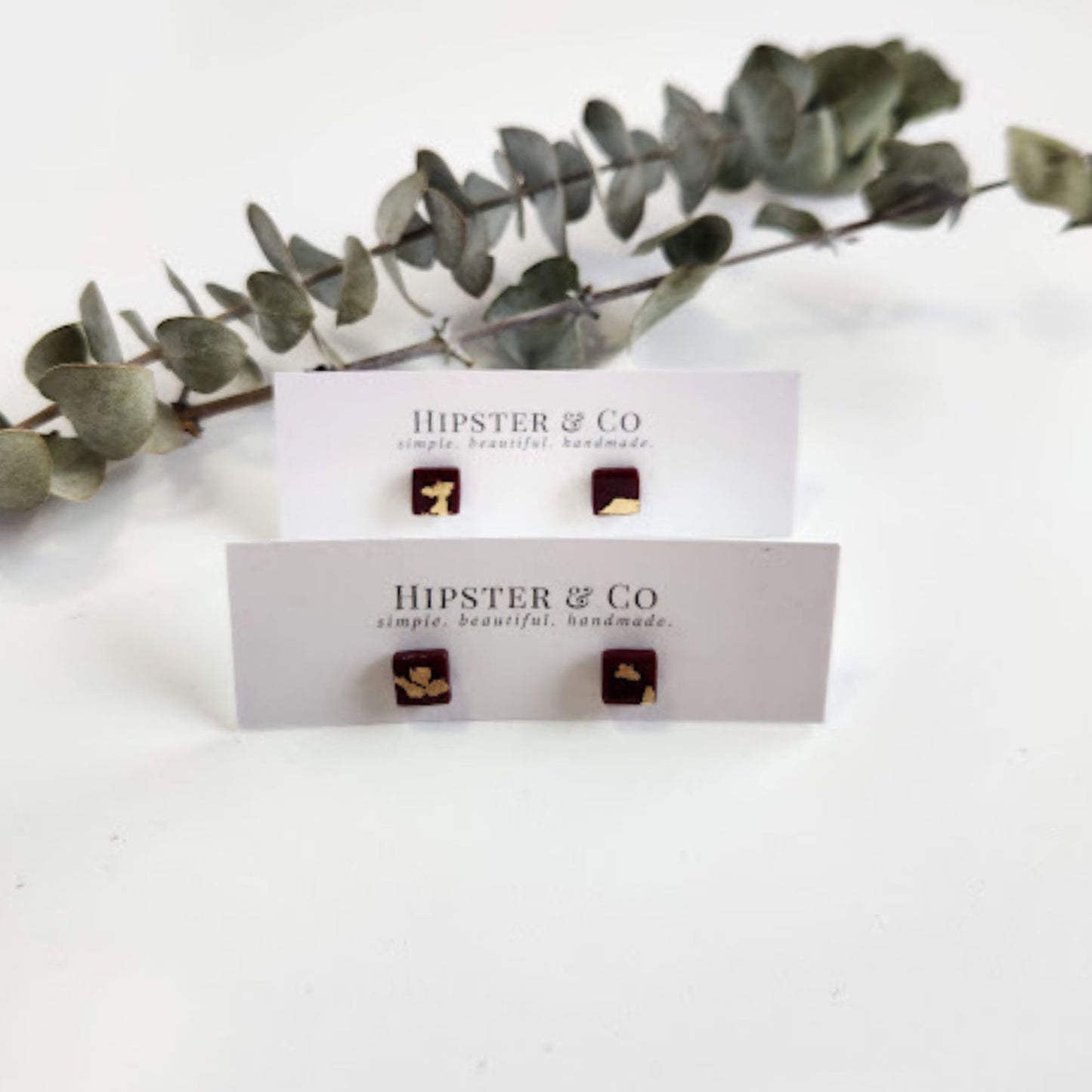 Burgundy and Gold Square Stud Earrings