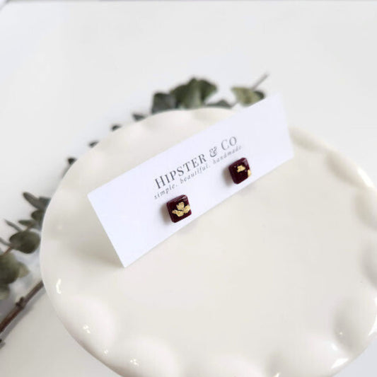 Burgundy and Gold Square Stud Earrings