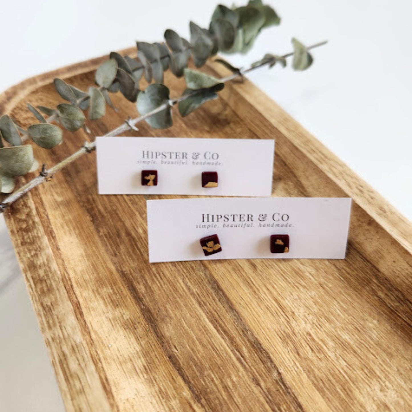 Burgundy and Gold Square Stud Earrings