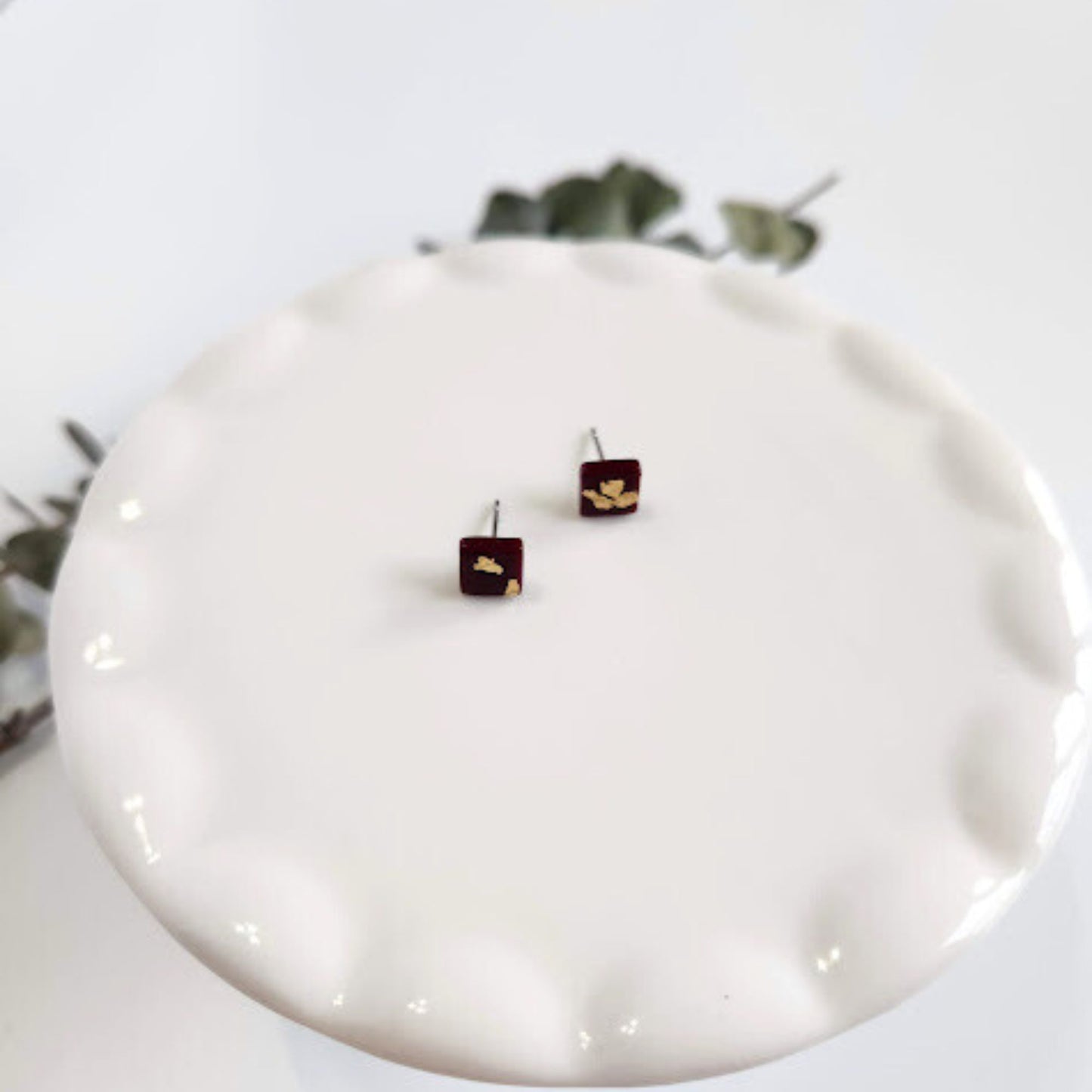 Burgundy and Gold Square Stud Earrings