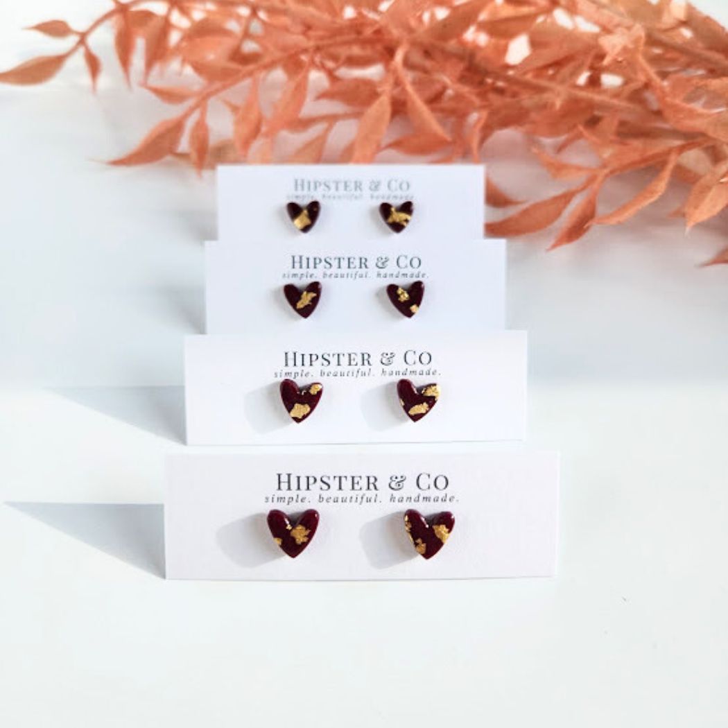 Burgundy and Gold Heart Stud Earrings