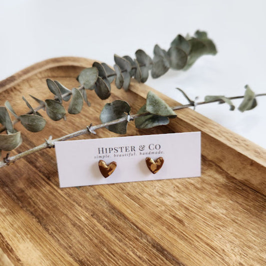Caramel and Gold Heart Stud Earrings
