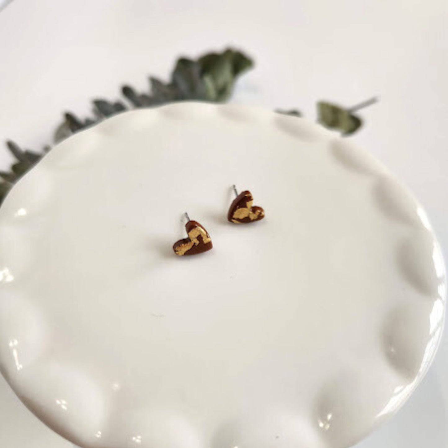 Caramel and Gold Heart Stud Earrings