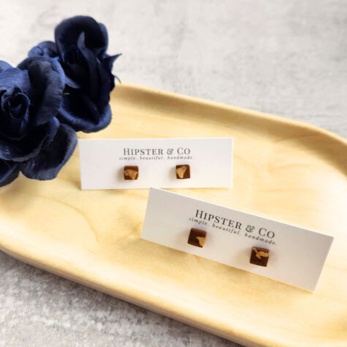 Caramel and Gold Square Stud Earrings
