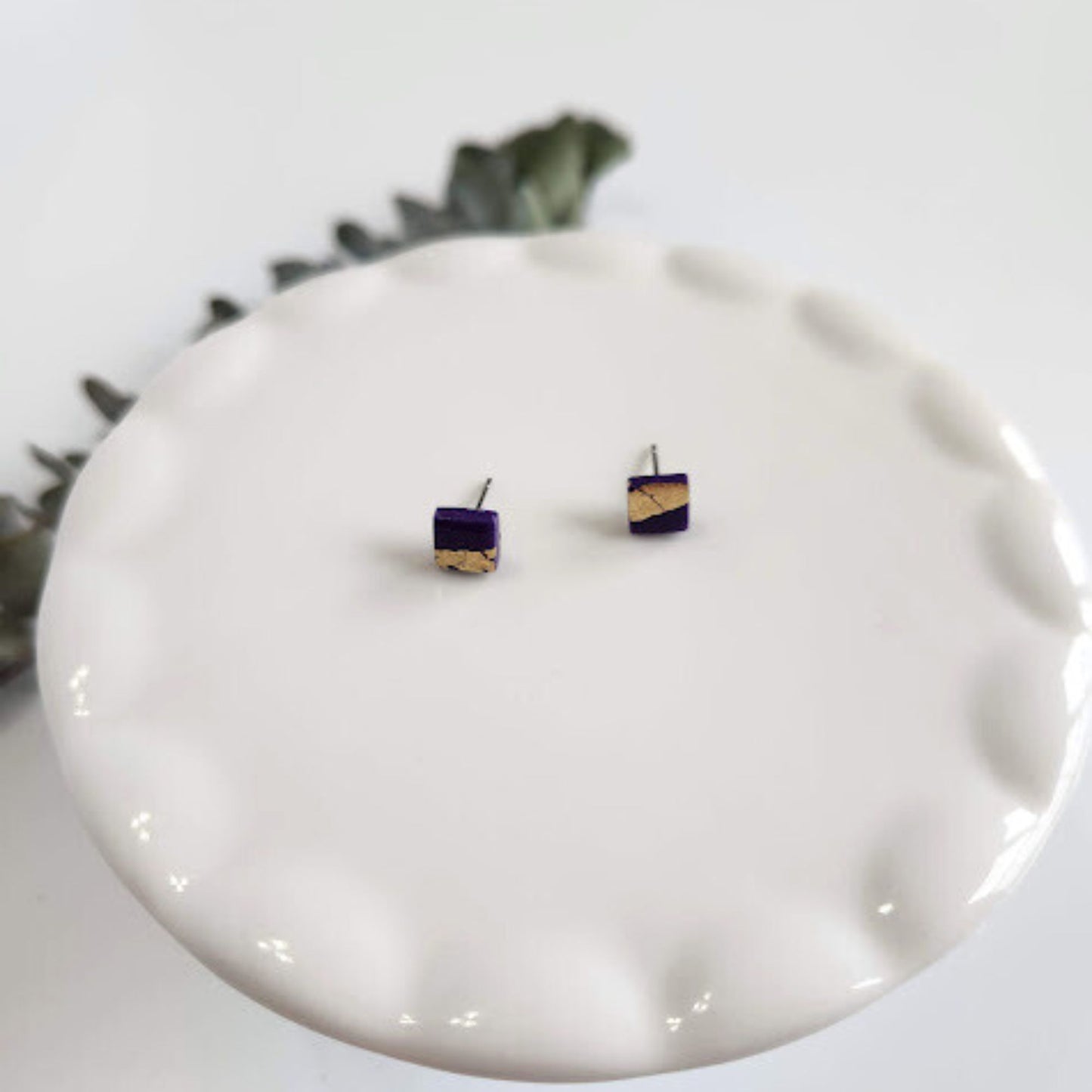 Deep Purple and Gold Square Stud Earrings