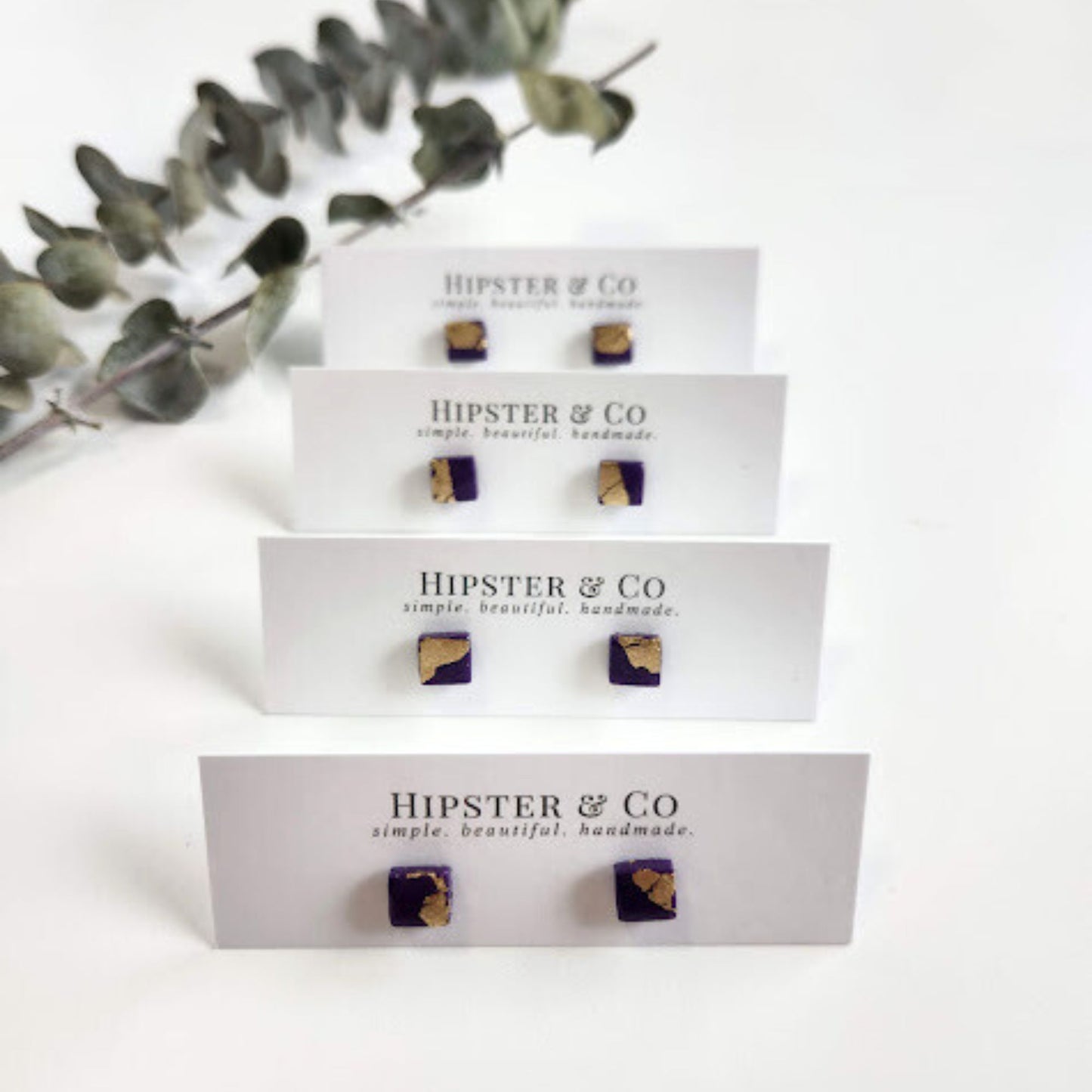 Deep Purple and Gold Square Stud Earrings