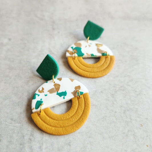 Green, Mustard Yellow, and White Geometric Polymer Clay Earrings