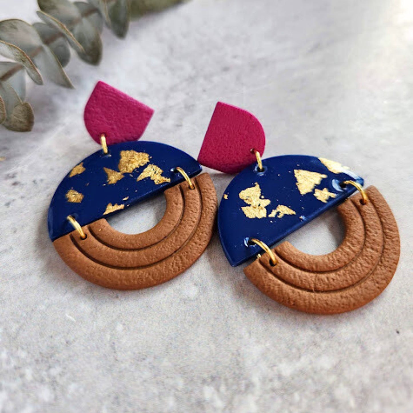 Navy and Brown Color Block Geometric Earring