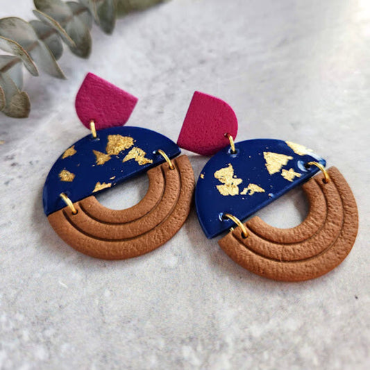 Navy and Brown Color Block Geometric Earring