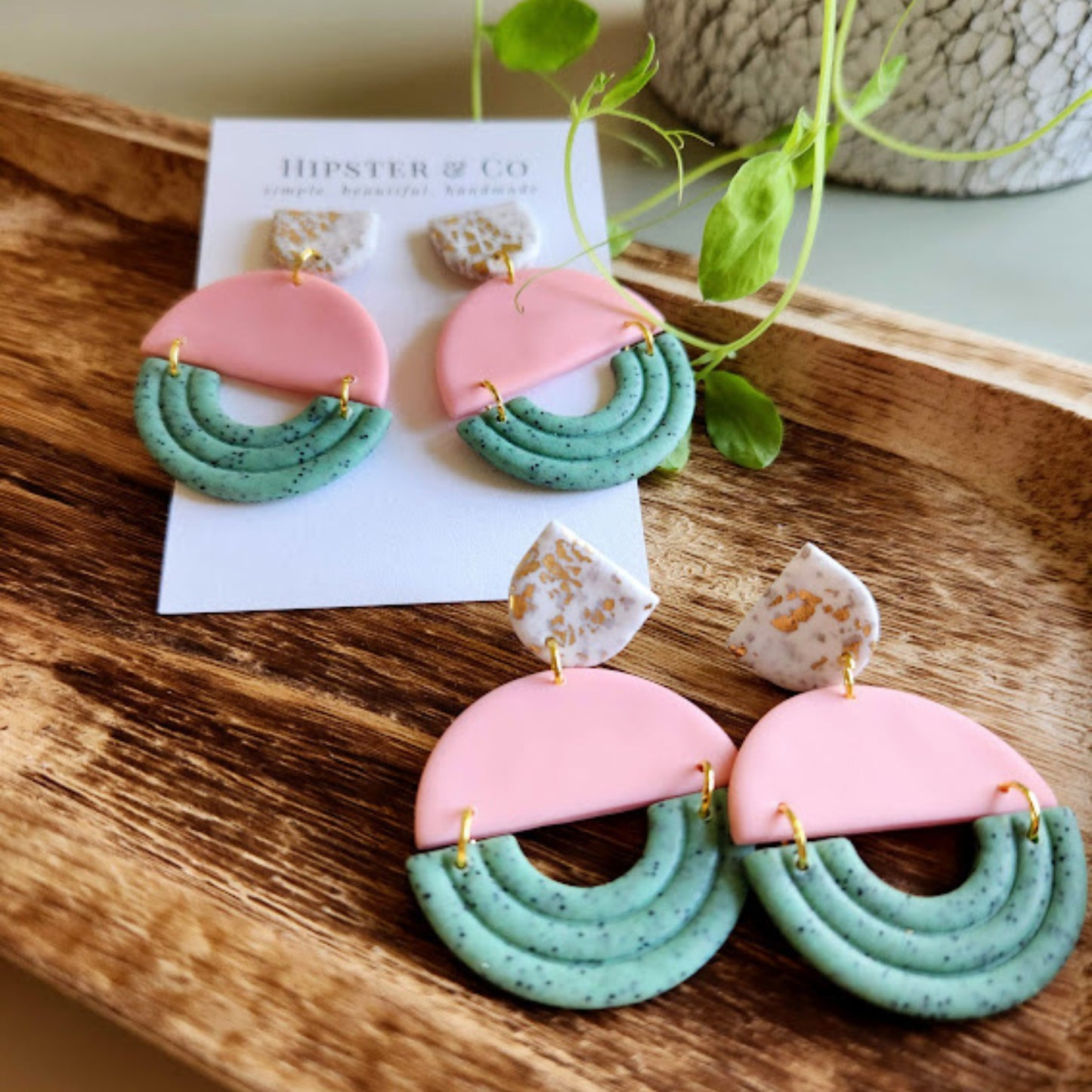 The Eliana Color Block Polymer Clay Dangle Earrings in Pink and Mint