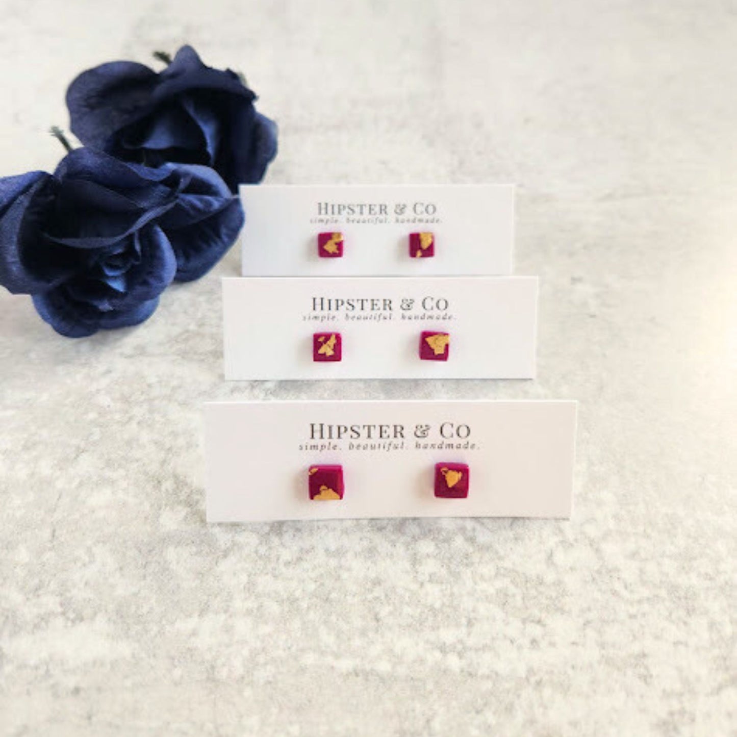 Fuchsia and Gold Square Stud Earrings