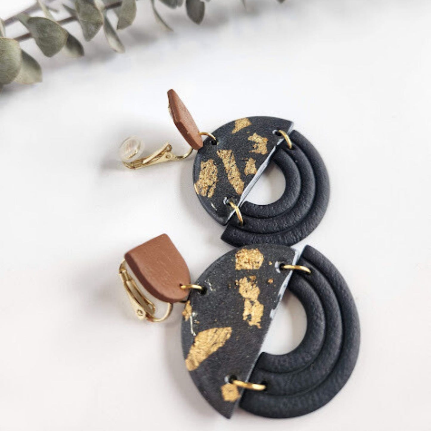 Black Slate and Brown Clip-on  Color Block Geometric Earring
