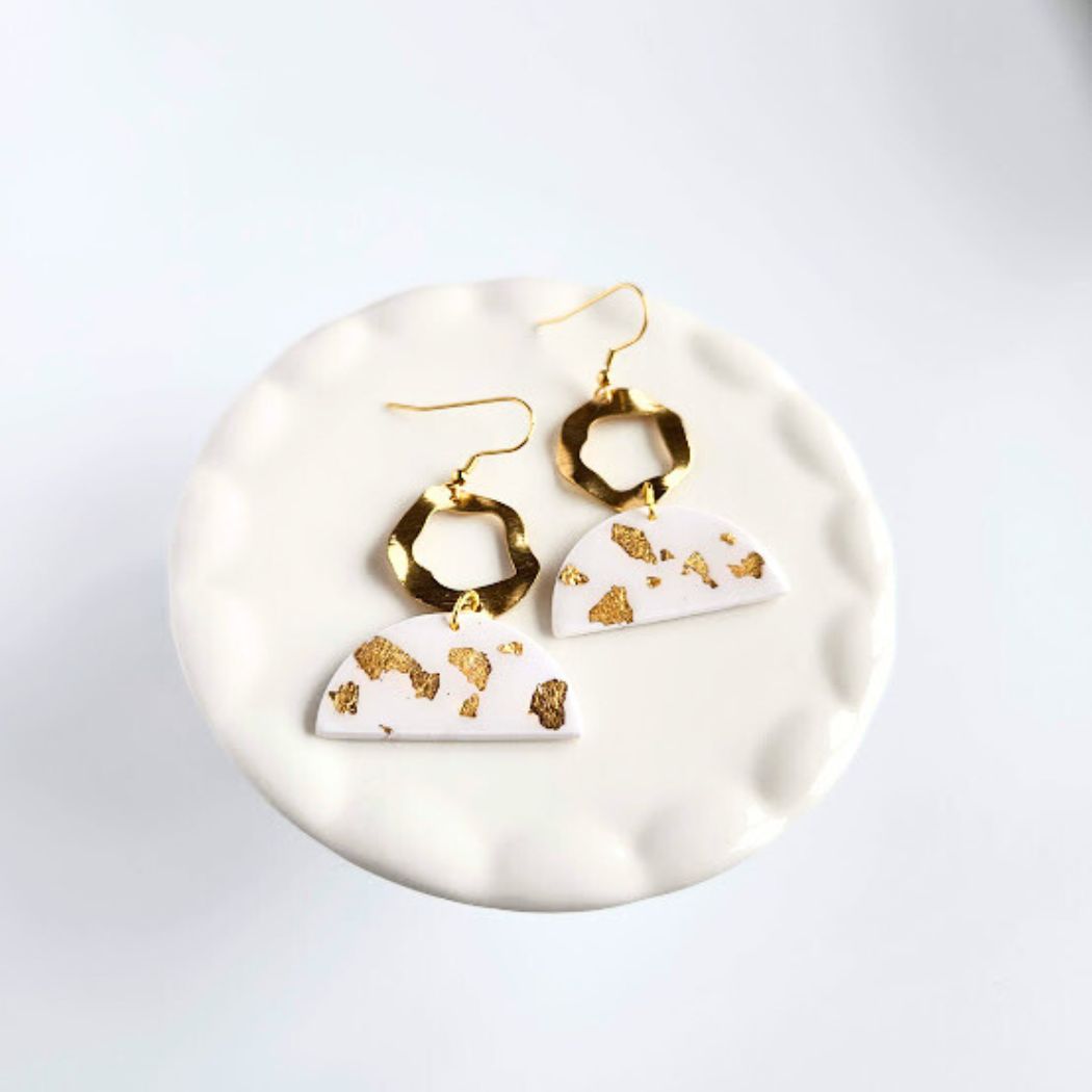 The Isha White and Gold Polymer Clay Dangle Earrings