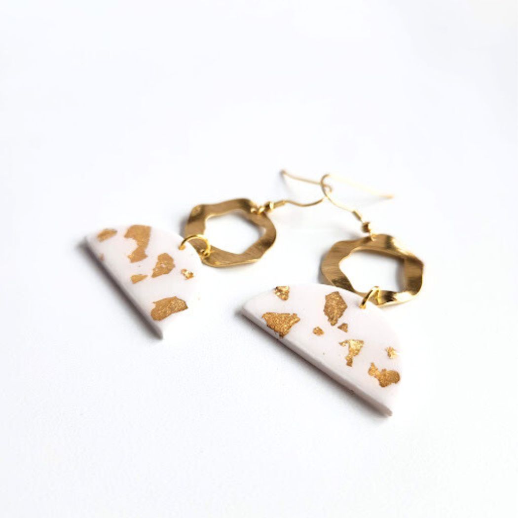 The Isha White and Gold Polymer Clay Dangle Earrings