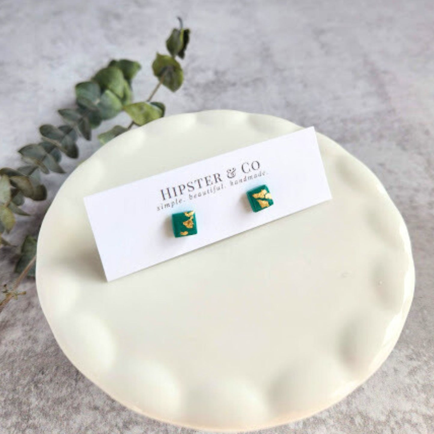 Jade Green and Gold Square Stud Earrings