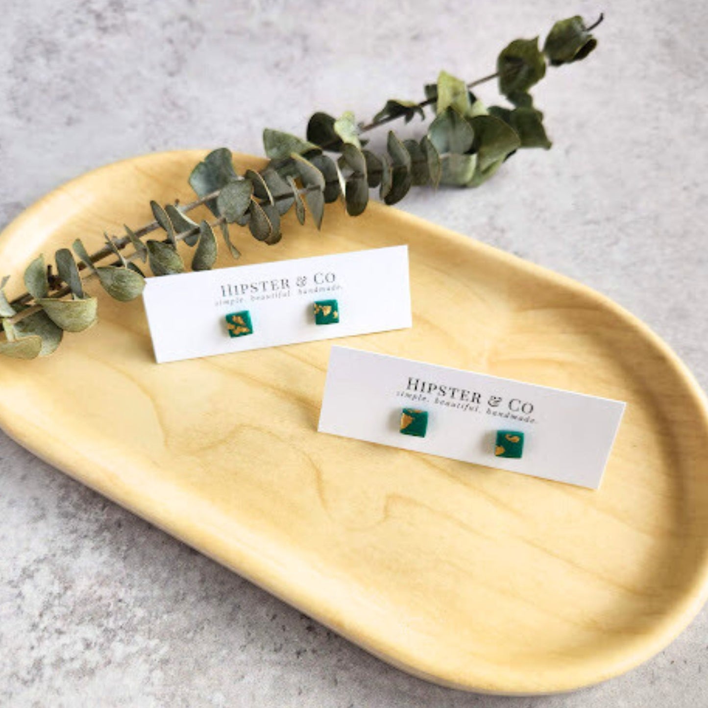 Jade Green and Gold Square Stud Earrings