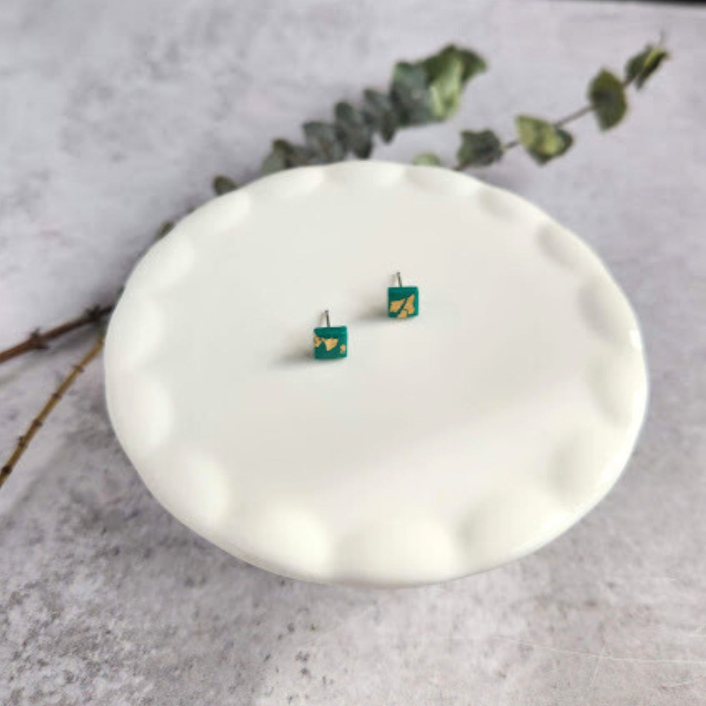 Jade Green and Gold Square Stud Earrings