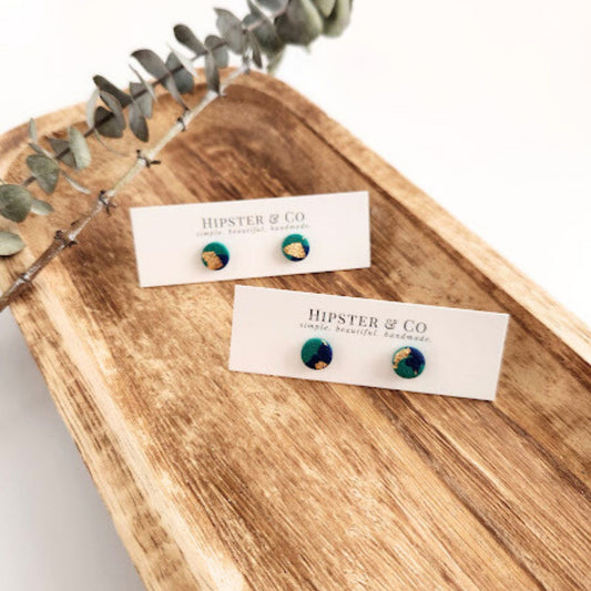 Green, Navy, and Gold Mini Round Earrings