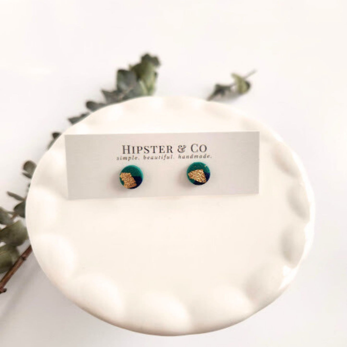 Green, Navy, and Gold Mini Round Earrings