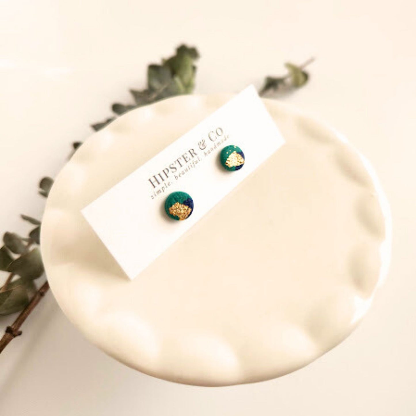 Green, Navy, and Gold Mini Round Earrings