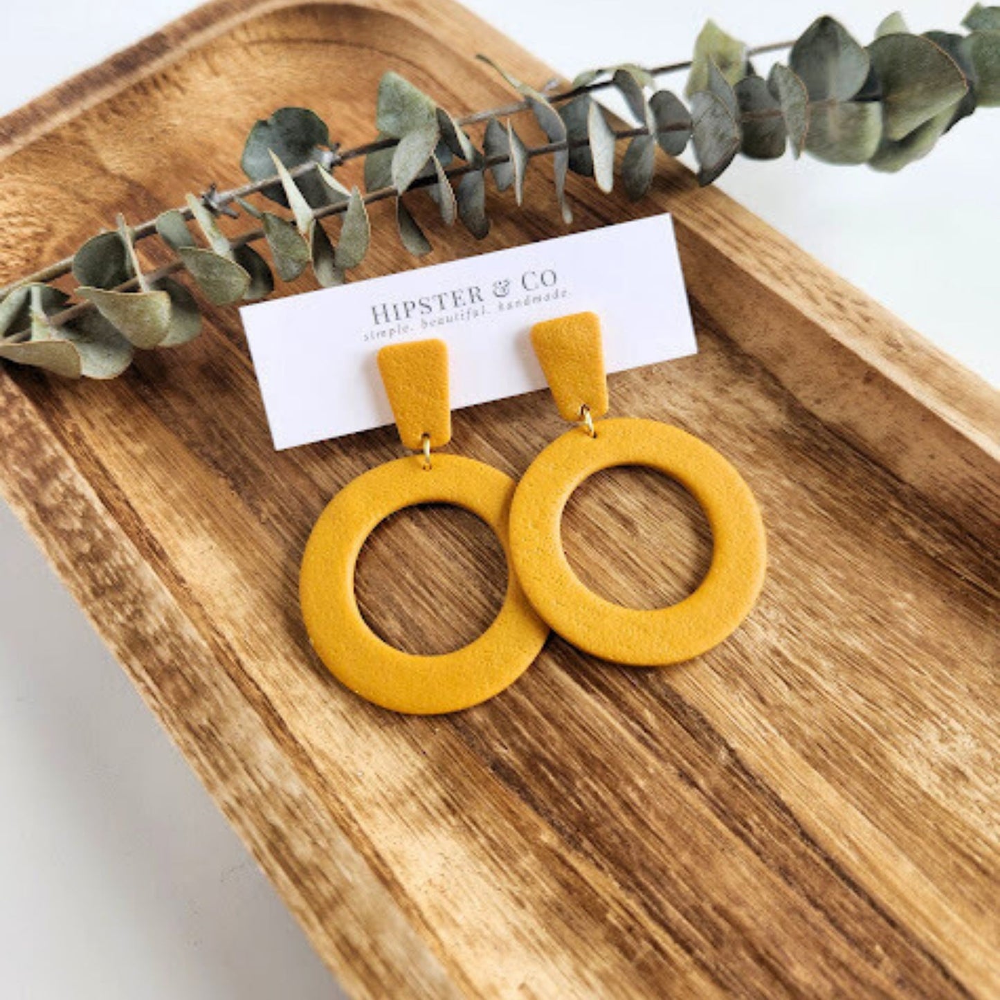 Mustard Yellow Geometric Clip-on Polymer Clay Dangle Earrings