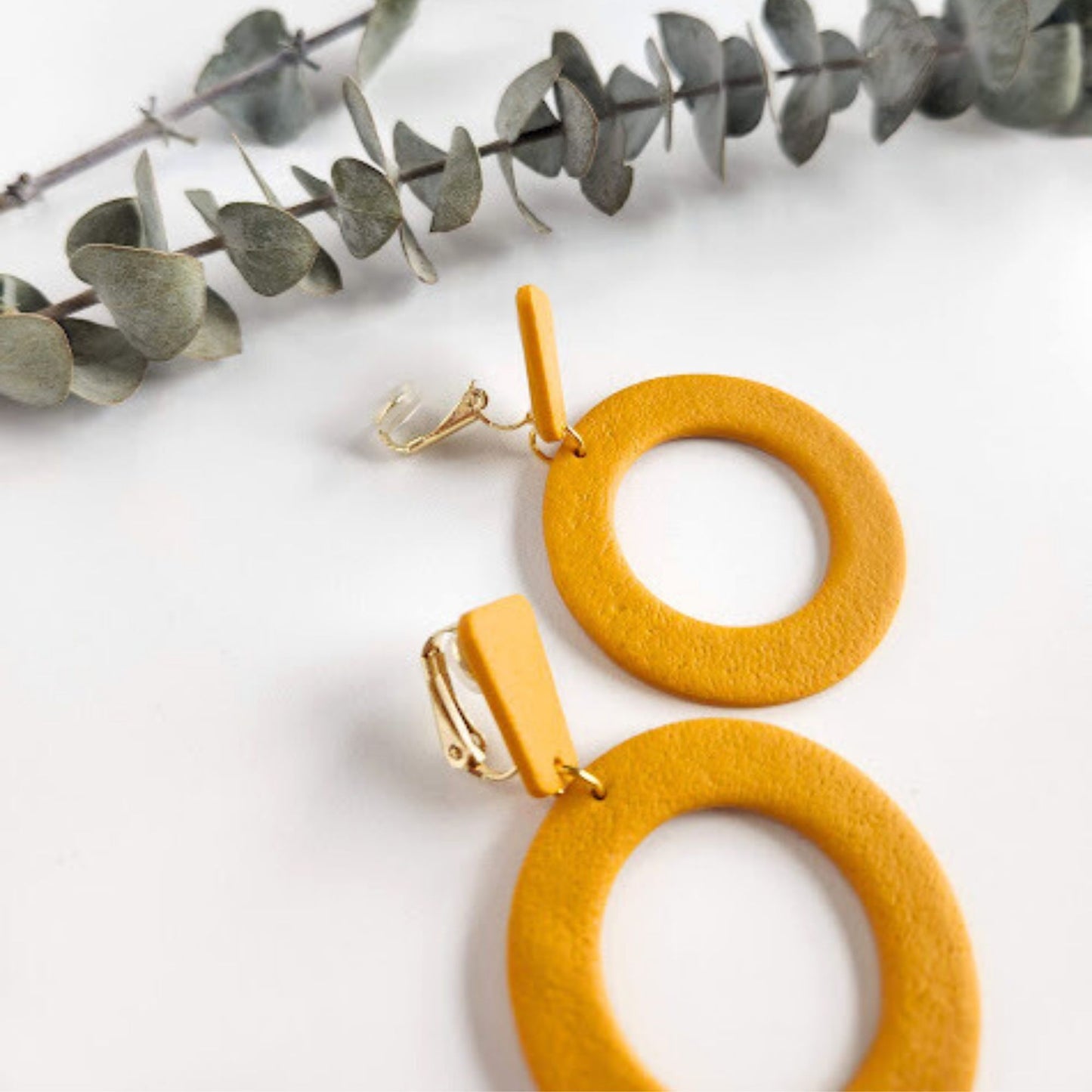 Mustard Yellow Geometric Clip-on Polymer Clay Dangle Earrings