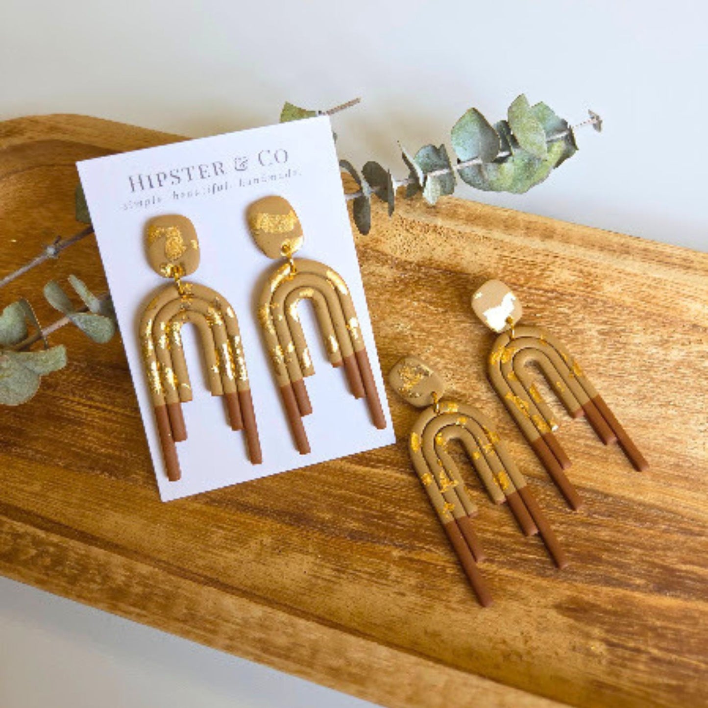 Latte, Gold, and Brown Polymer Clay Dangle Earrings