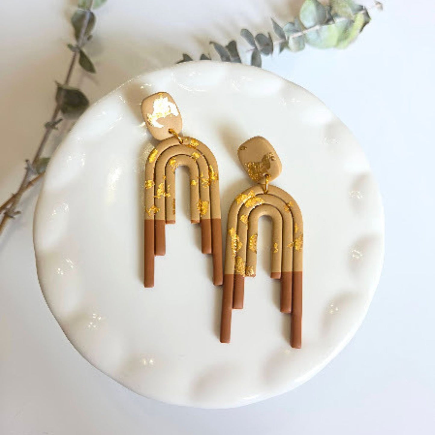 Latte, Gold, and Brown Polymer Clay Dangle Earrings