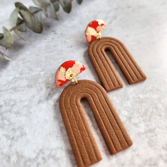 Brown and Red Geometric Handmade Earrings