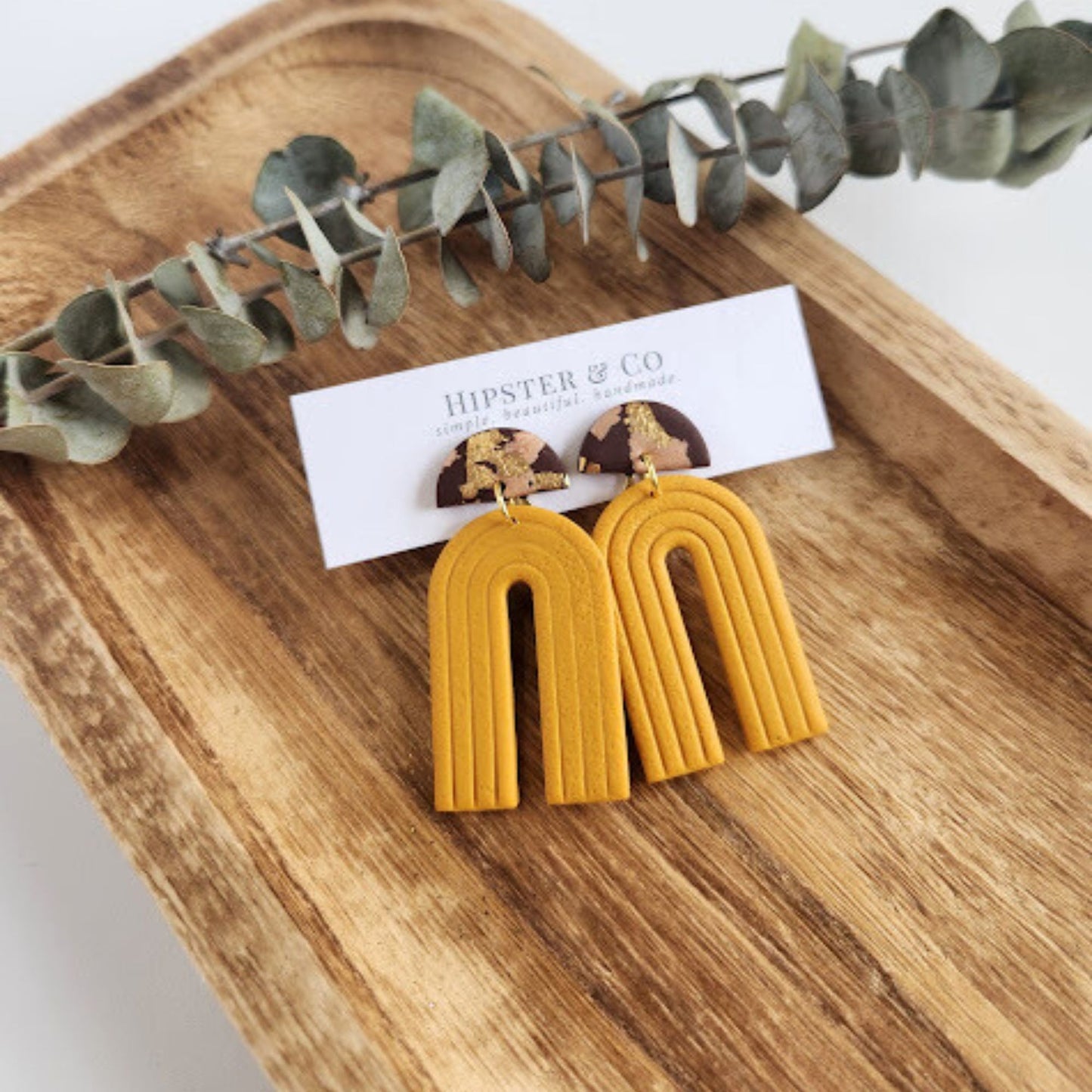 Brown and Mustard Clip-on Geometric Arch Handmade Earrings