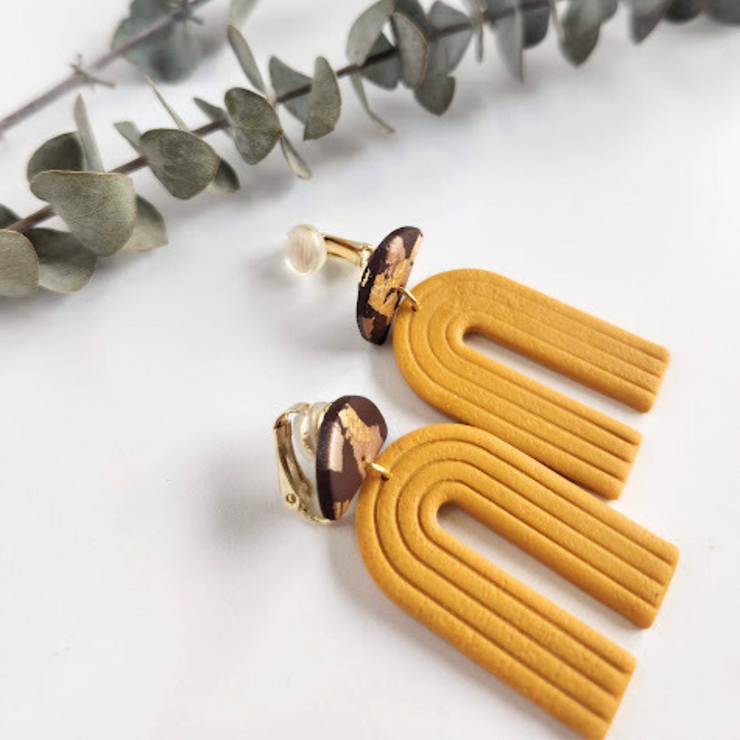 Brown and Mustard Clip-on Geometric Arch Handmade Earrings