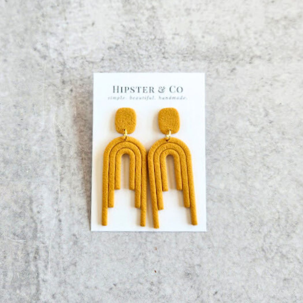 Mustard Colored Dangle Polymer Clay Earrings - The Angelica