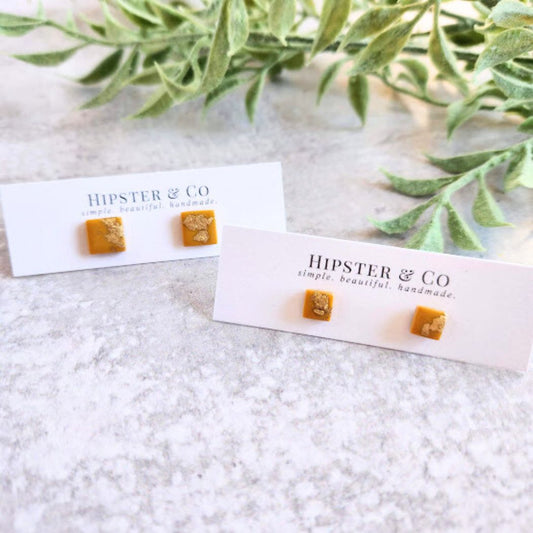 Mustard Yellow and Gold Square Stud Earrings