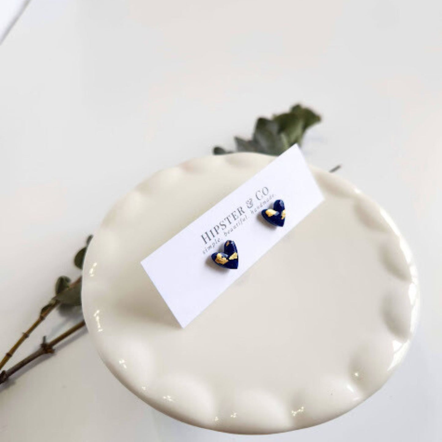 Navy Blue and Gold Heart Stud Earrings