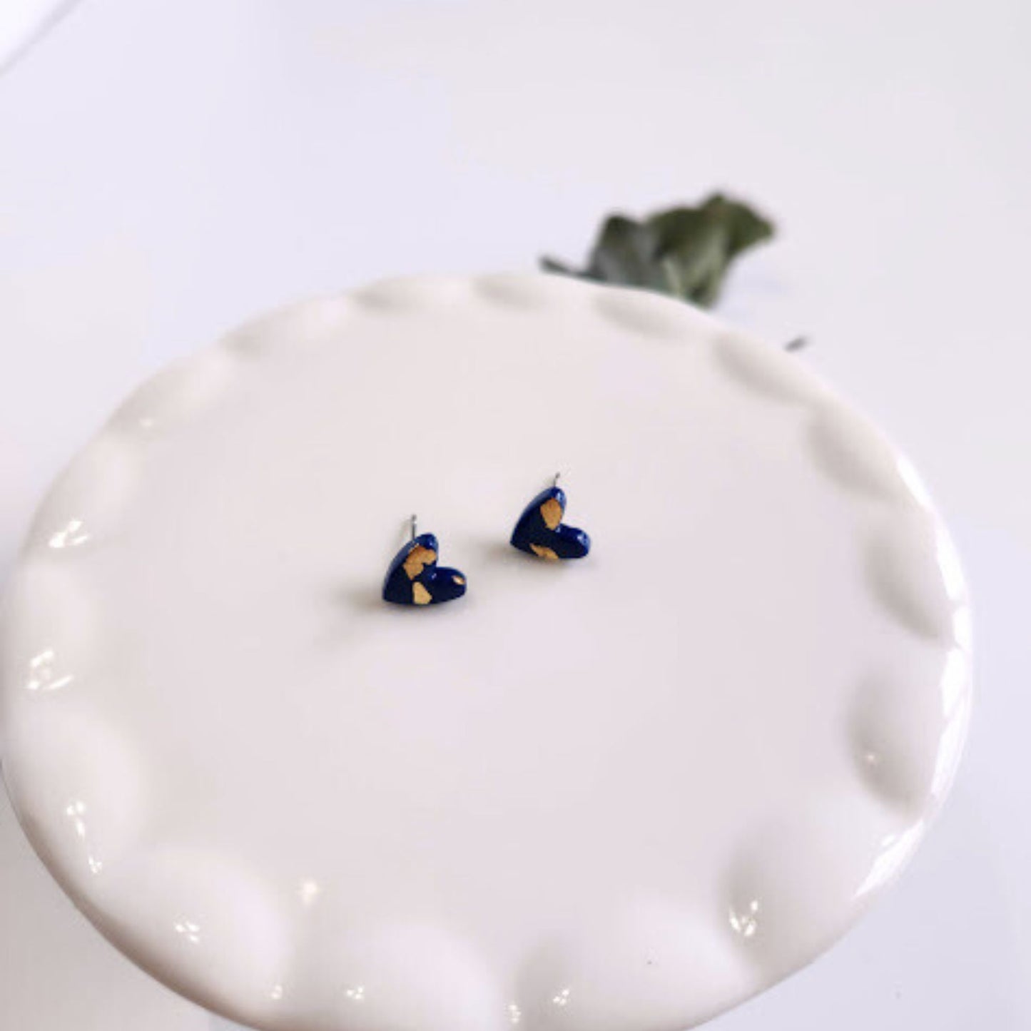 Navy Blue and Gold Heart Stud Earrings