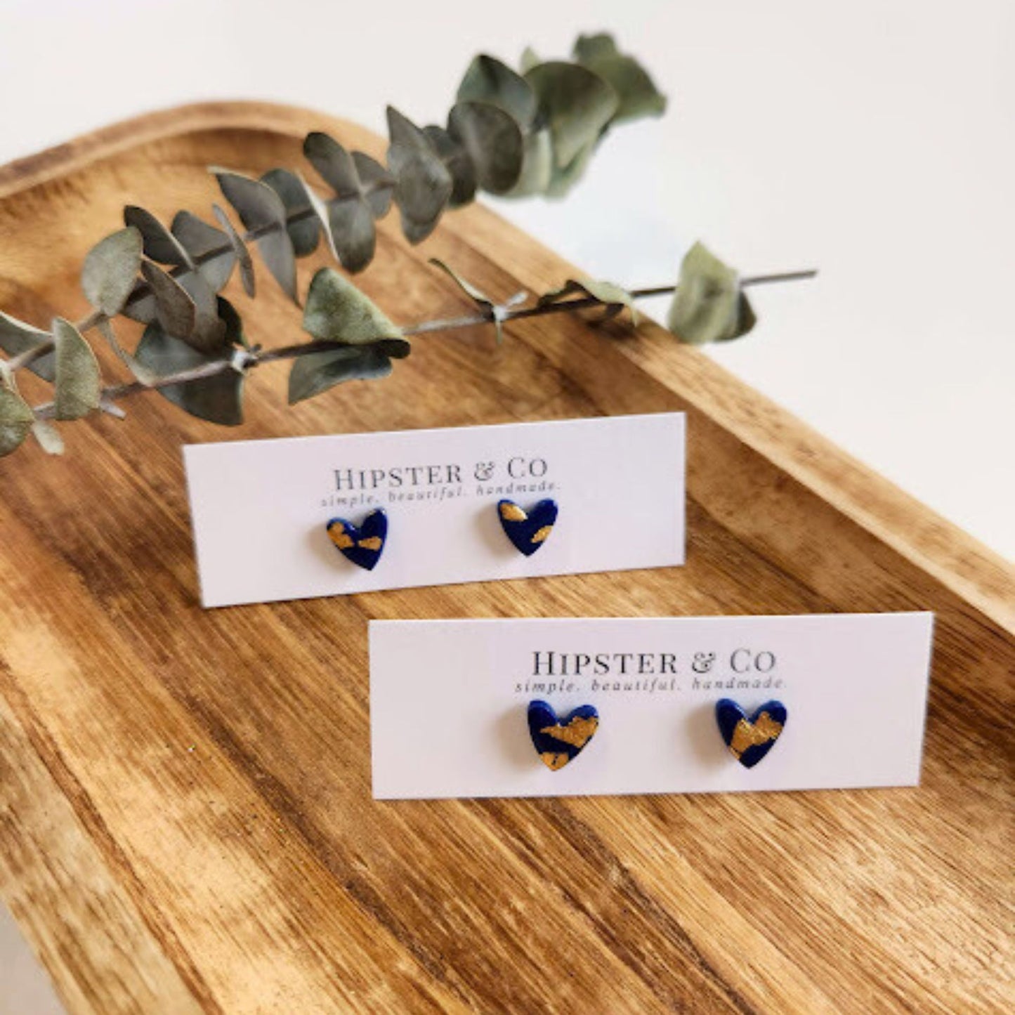 Navy Blue and Gold Heart Stud Earrings