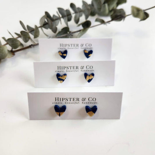 Navy Blue and Gold Heart Stud Earrings