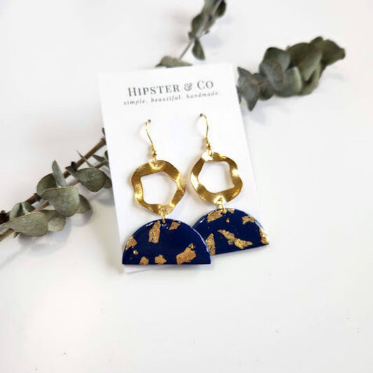 Navy and Gold Polymer Clay Dangle Earrings