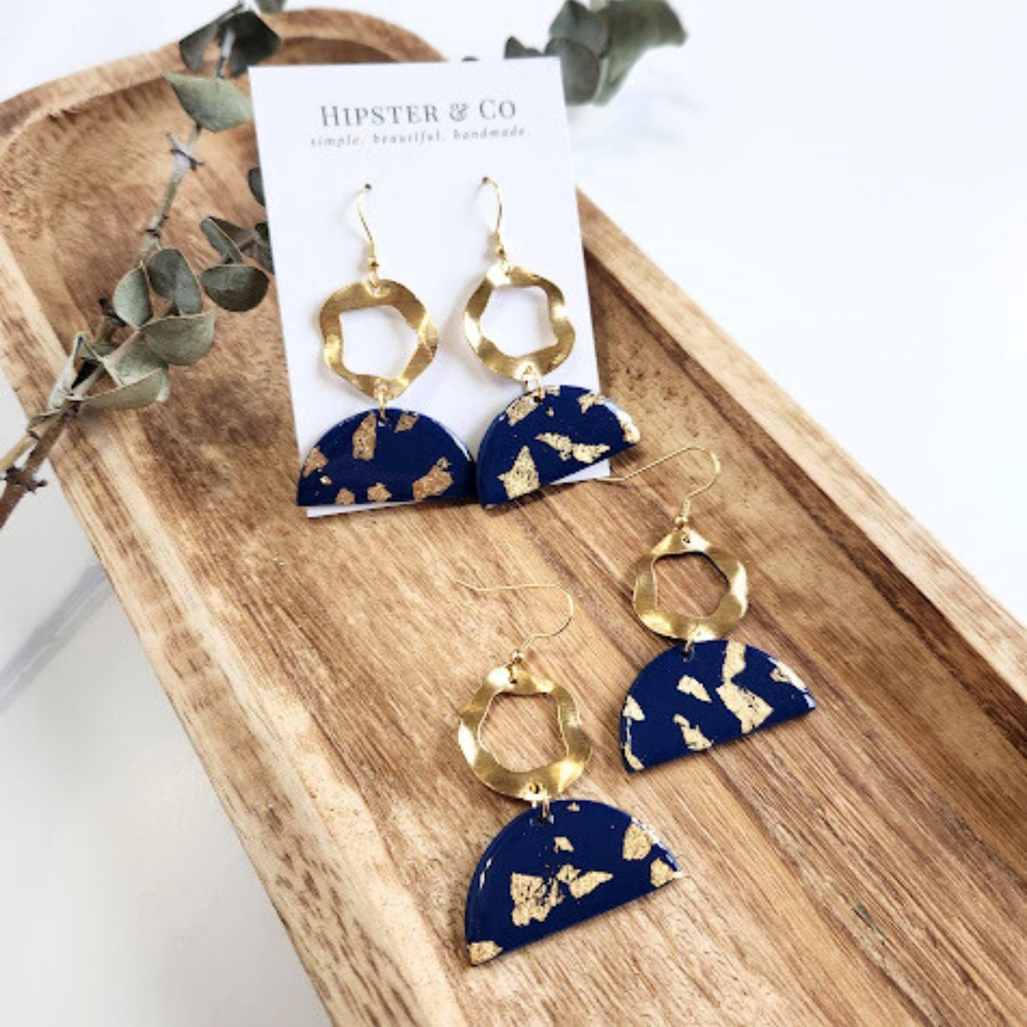 Navy and Gold Polymer Clay Dangle Earrings